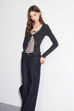 Cutout Mesh Layered Slim Long Sleeve T-shirts