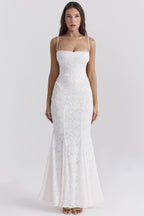 Tie Waist Sling Embroidered Mermaid Lace Dress
