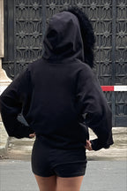 Black Zip Panel Printed Fleece Hoodie