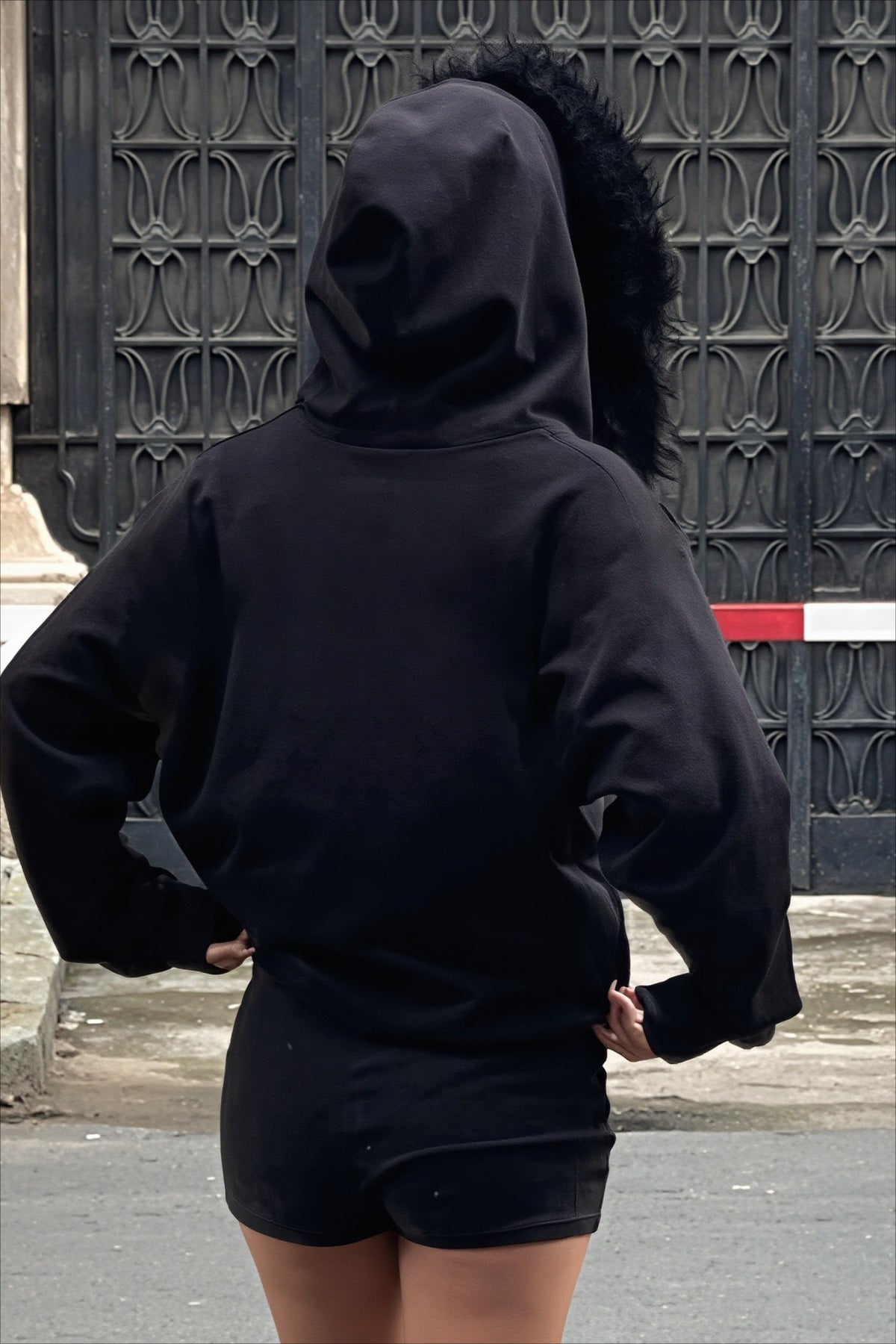 Black Zip Panel Printed Fleece Hoodie