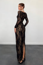 Square Neck Lace Long Sleeve Maxi Dress