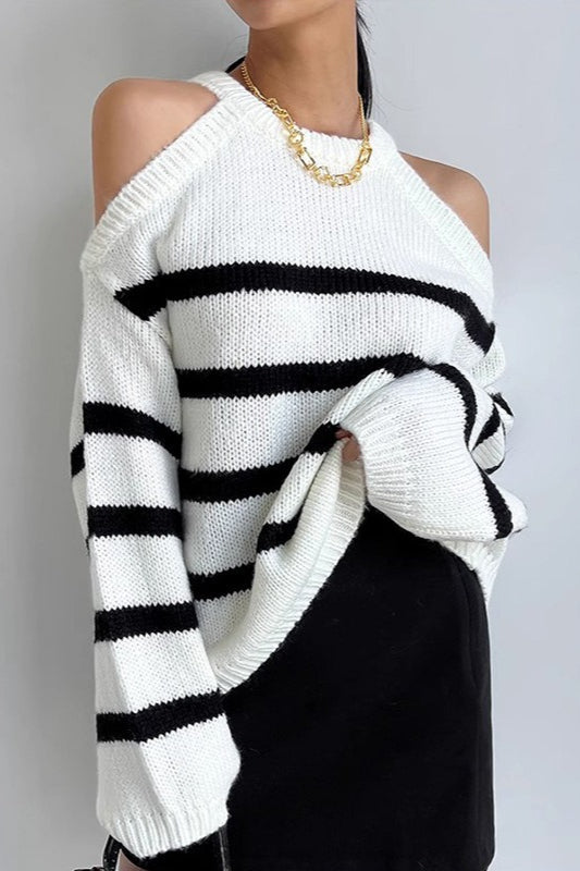 Striped Cutout Shoulder Knit Sweater Secondary image