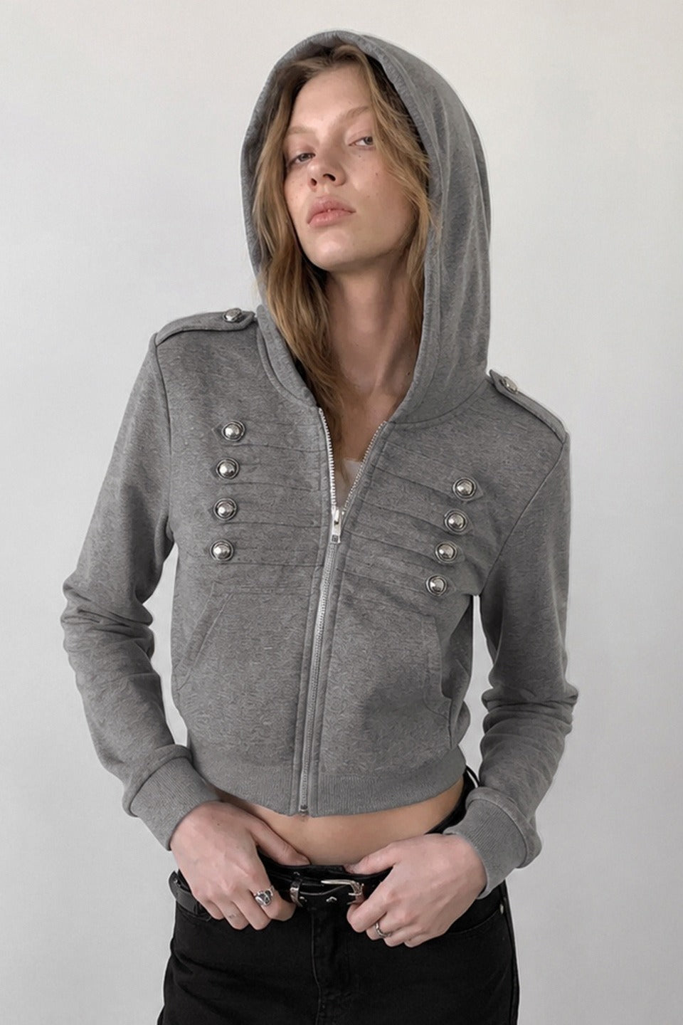 Double Button Trim Cropped Zip Hoodie
