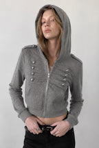 Double Button Trim Cropped Zip Hoodie