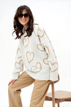 Heart Outline Motif Oversized Crew Neck Sweater