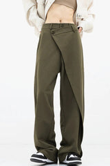 Asymmetric Layered Button Loose Wide Leg Pants-1