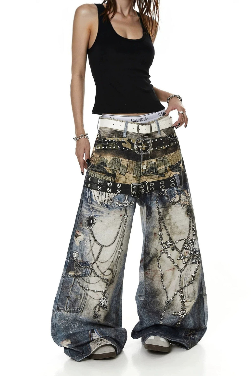 Double Waist Chain Print Wide Leg Jeans