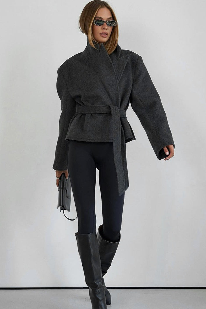 Self Tie Belt Textured Notch Collar Coat