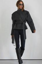Self Tie Belt Textured Notch Collar Coat