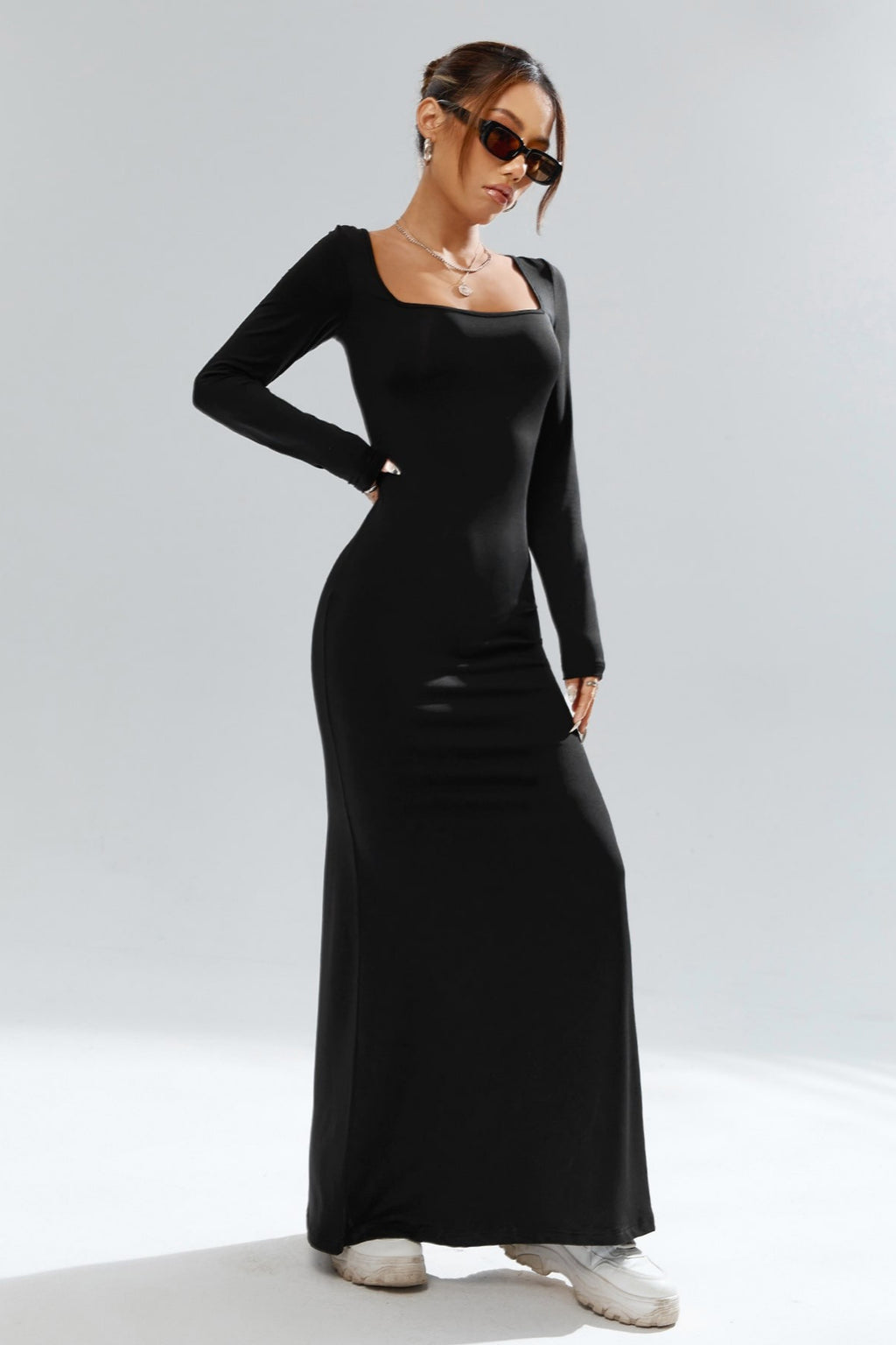 Square Neck Long Sleeve Waist Cinched Work Dress