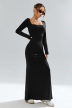 Square Neck Long Sleeve Waist Cinched Work Dress