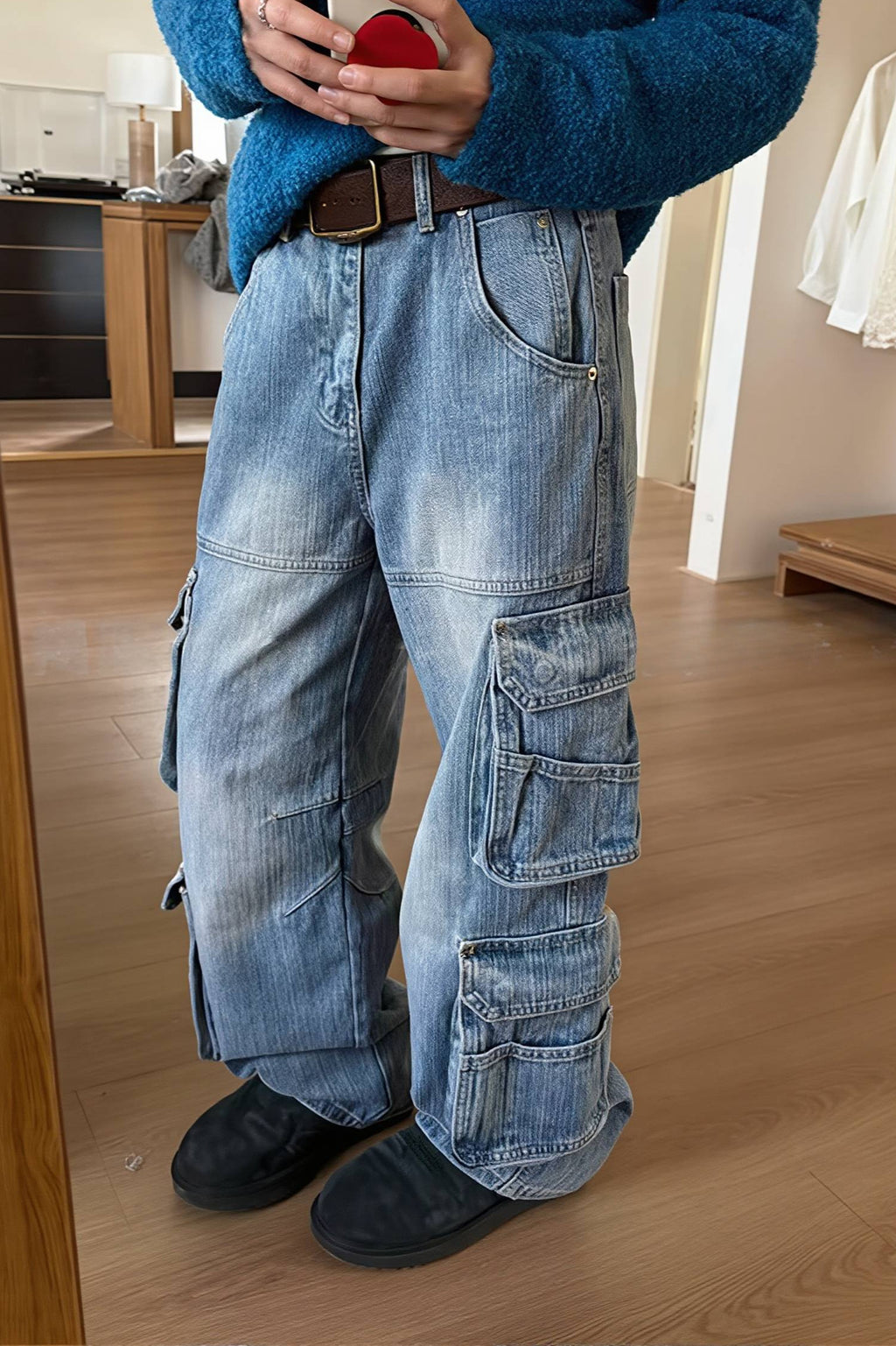 Multi Pocket Washed Streetwear Straight Leg Jeans