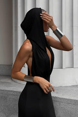 Sexy V Neck Backless Hooded Bodycon Dress