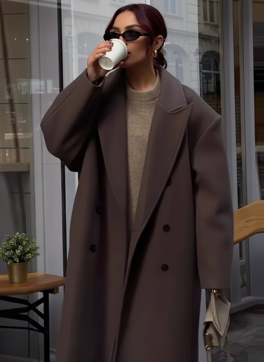 Solid Double-Breasted Turn-Down Overcoat Main image