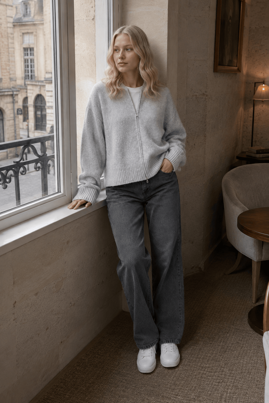 Pleated Knit O Neck Zipper Cardigan Main image
