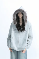 Fur Collar Oversized Zip Hoodie