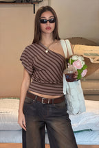 Contrast Stripe One-Shoulder Fitted Crop Top