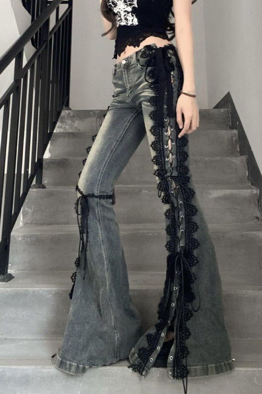 Vintage Plus Size Lace Up Split Hem Micro Flare Jeans