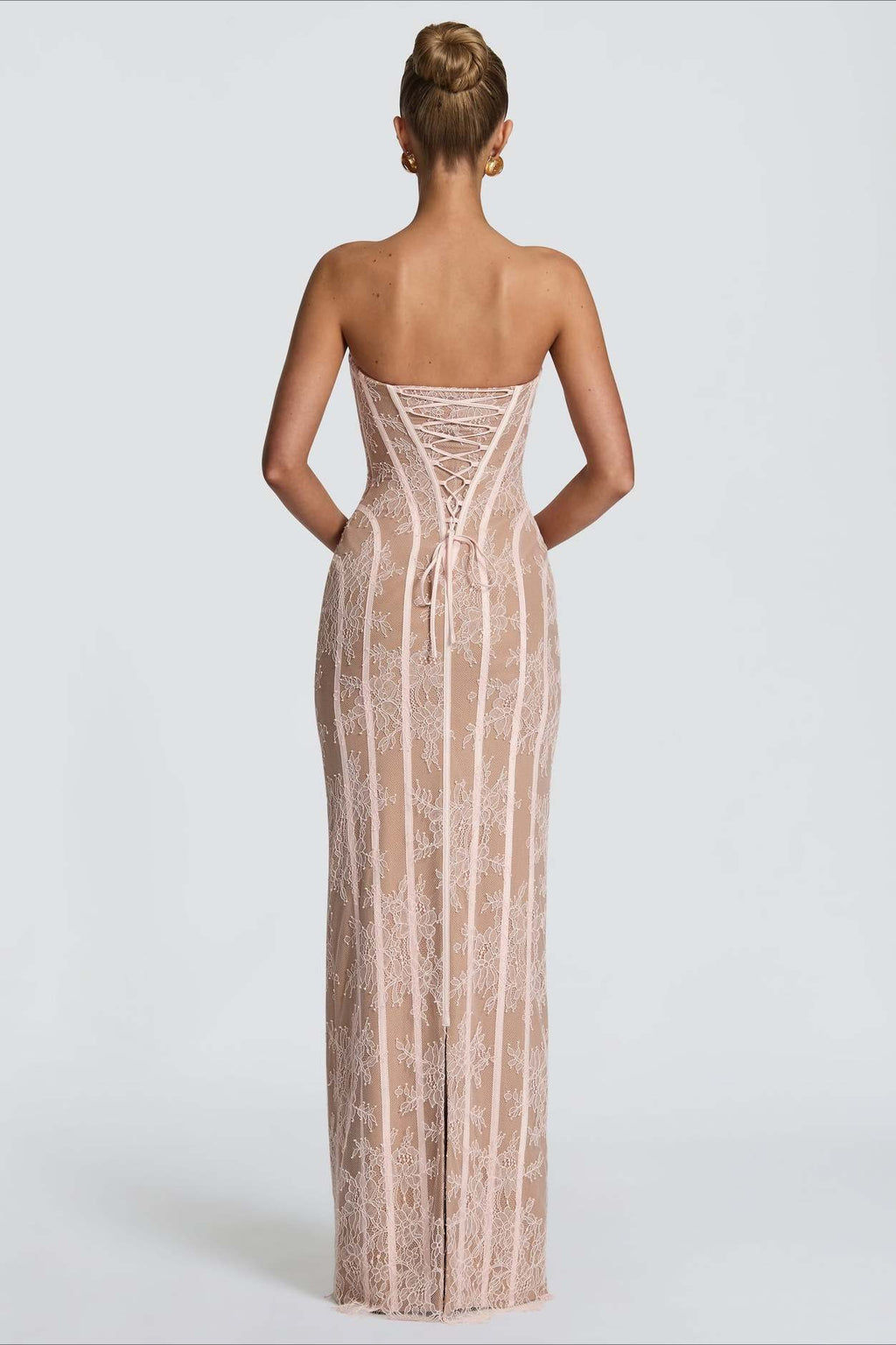 Strapless Lace Vertical Bodycon Maxi Lace Dress