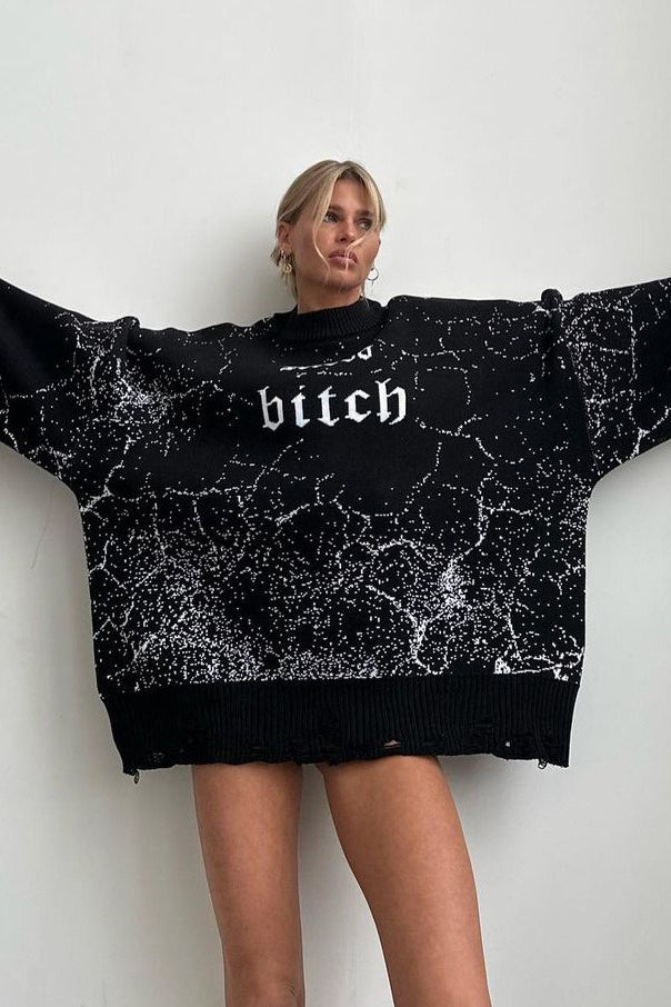 Distressed Graphic Oversized Crew Neck Knit Sweater