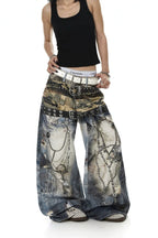 Double Waist Chain Print Wide Leg Jeans