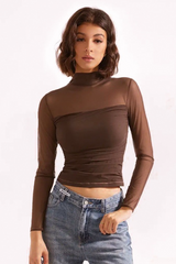 Solid Mock Neck Mesh Paneled  Crop Top
