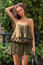 Lace Panel Ruched Tie Cami Mini Dress