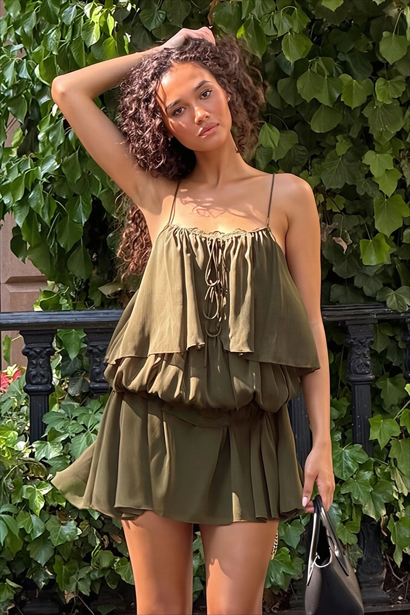 Lace Panel Ruched Tie Cami Mini Dress