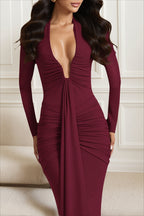 Ruched Plunging V Neck Long Sleeve Maxi Party Dress