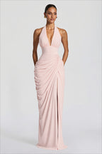 Halter V-Neck Ruched Draped Fitted Maxi Dress