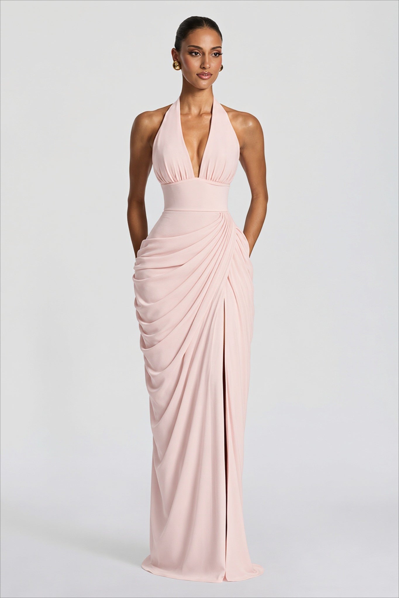Halter V-Neck Ruched Draped Fitted Maxi Dress