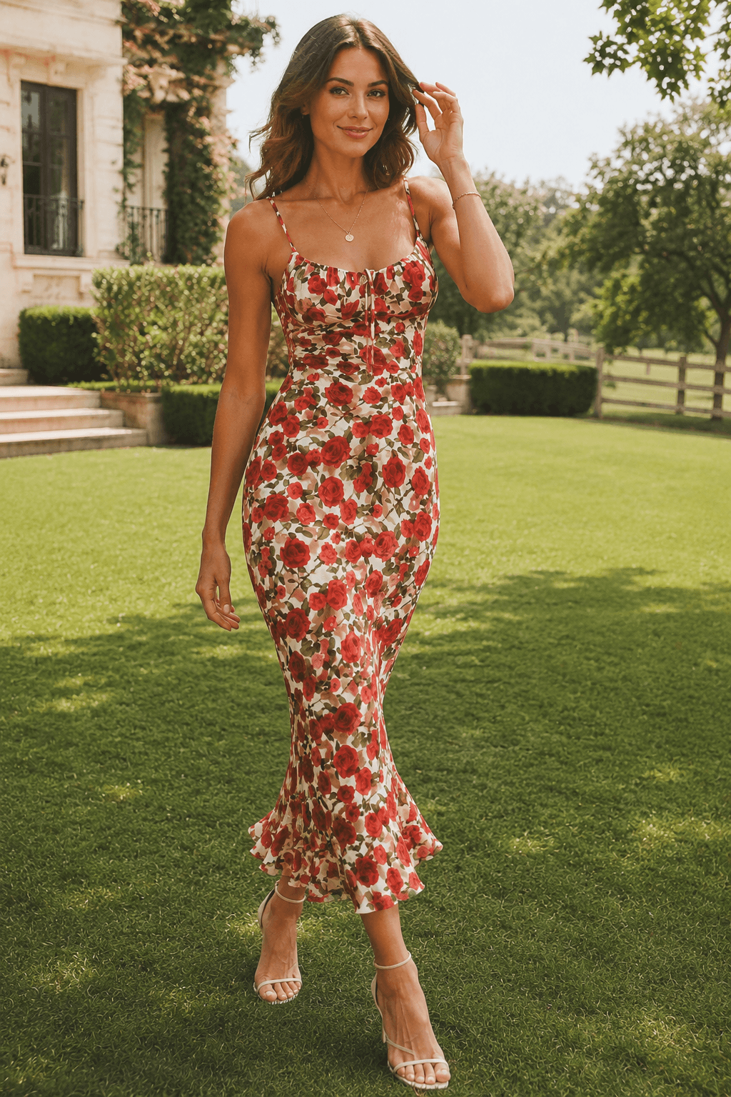 Square Neck Mermaid Midi Slim Strap Floral Dress Secondary image