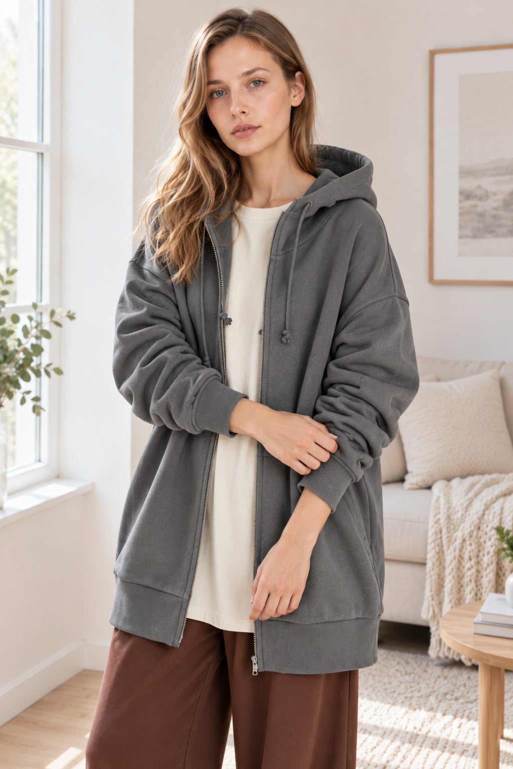 Color Hoodie Zipper Solid - Mid-length Main image