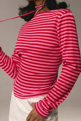 Stretchy Striped Crew Neck Long Sleeve Top