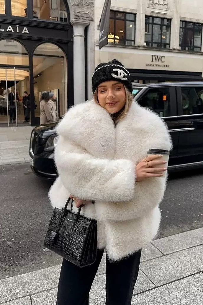 Eco Faux Fox Fur Notch Lapel Plush Coat Main image