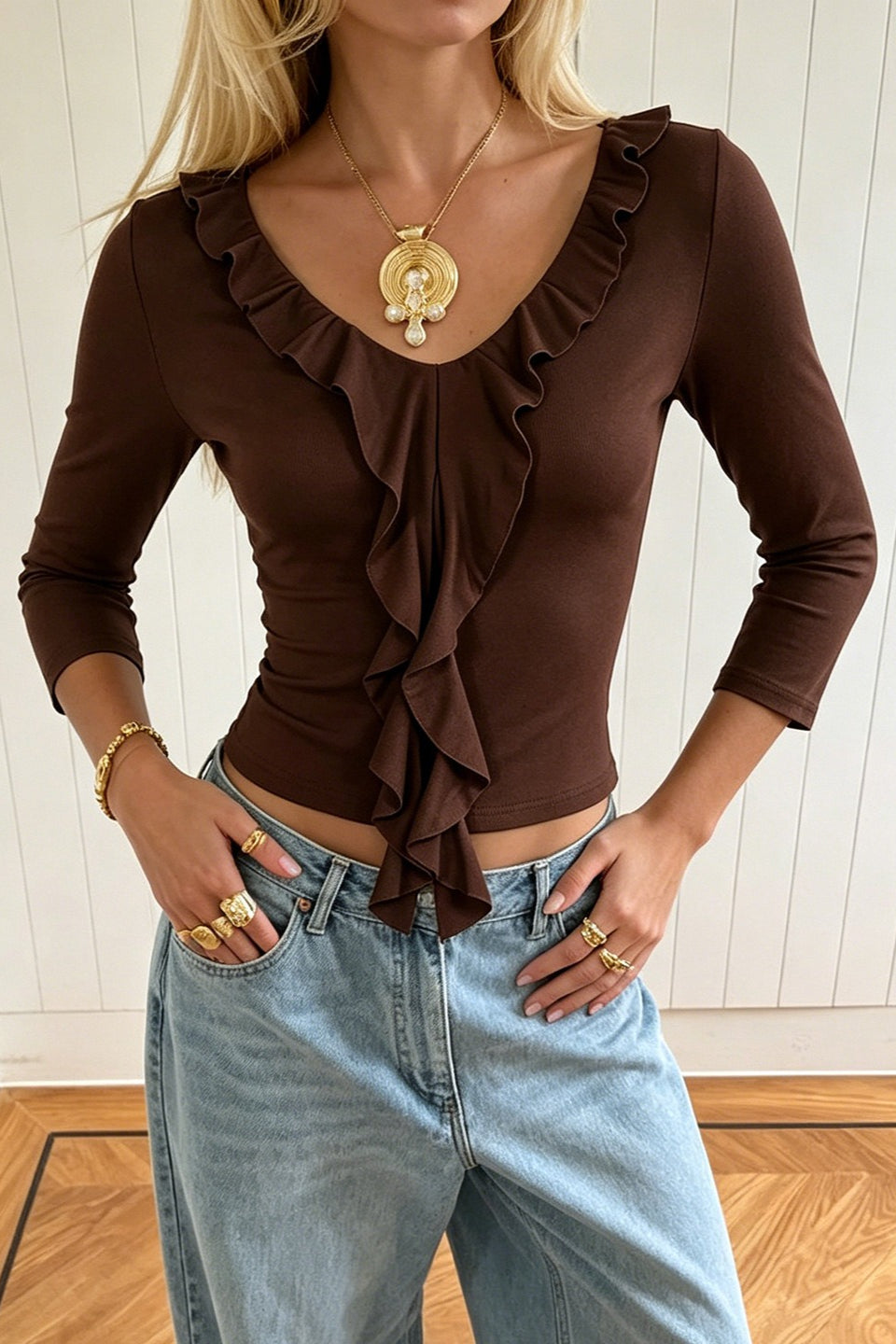 Ruffle Trim Tie Front Cropped T-Shirt