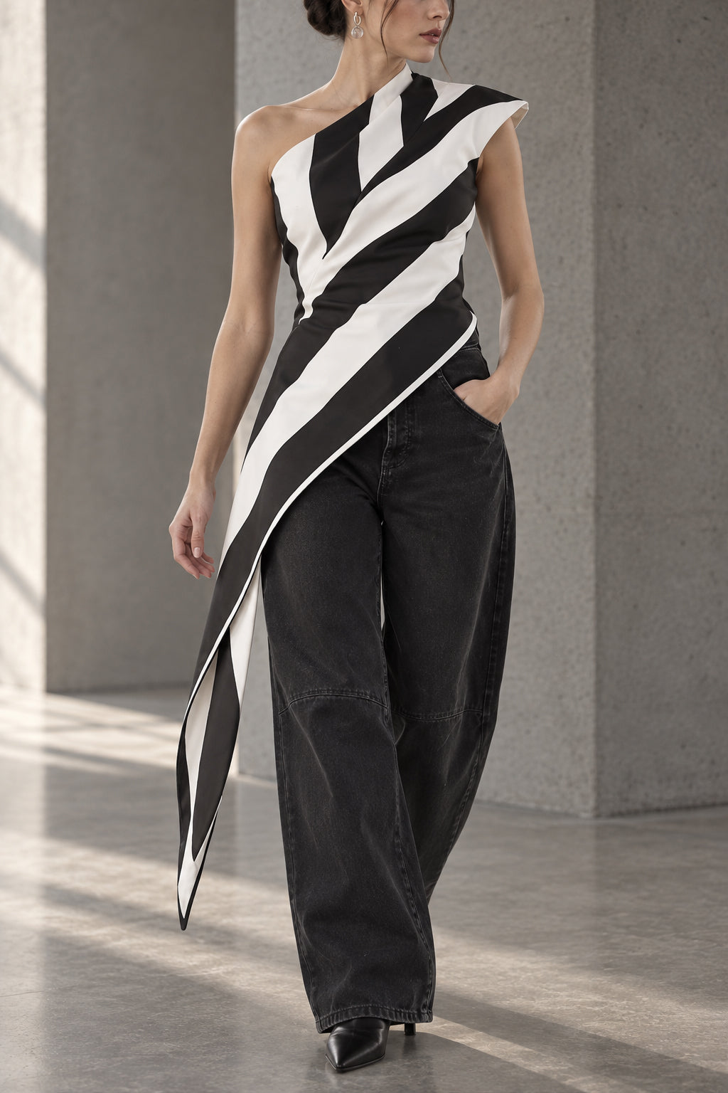 Striped Chiffon One Shoulder Tie Blouse Main image