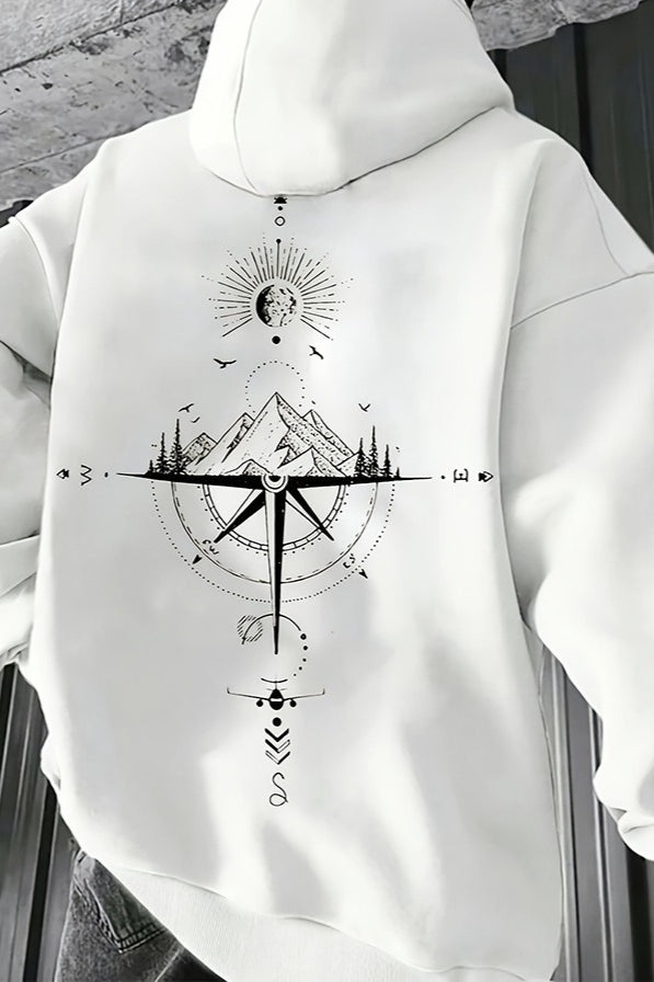 Compass Graphic Kangaroo Pocket Pullover Hoodie