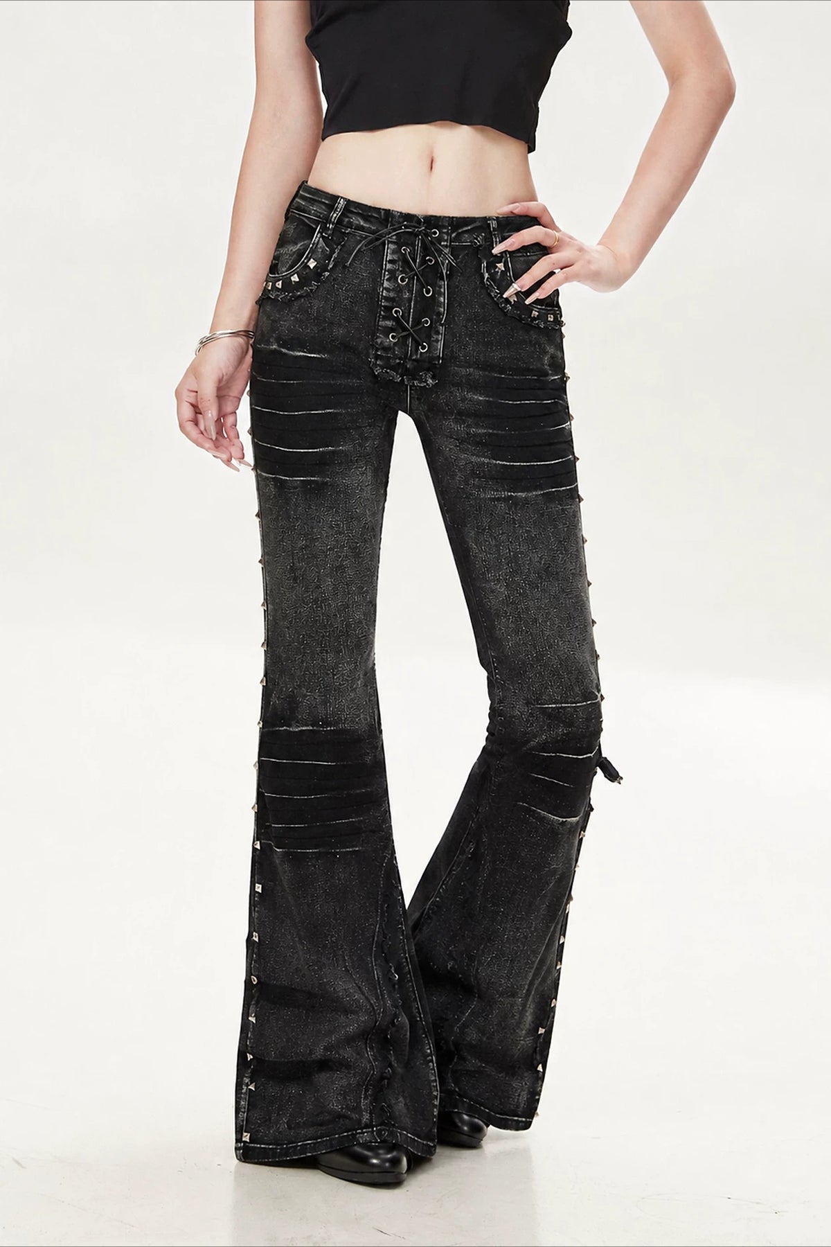 Rivet Strap Washed Utility Flare Jeans