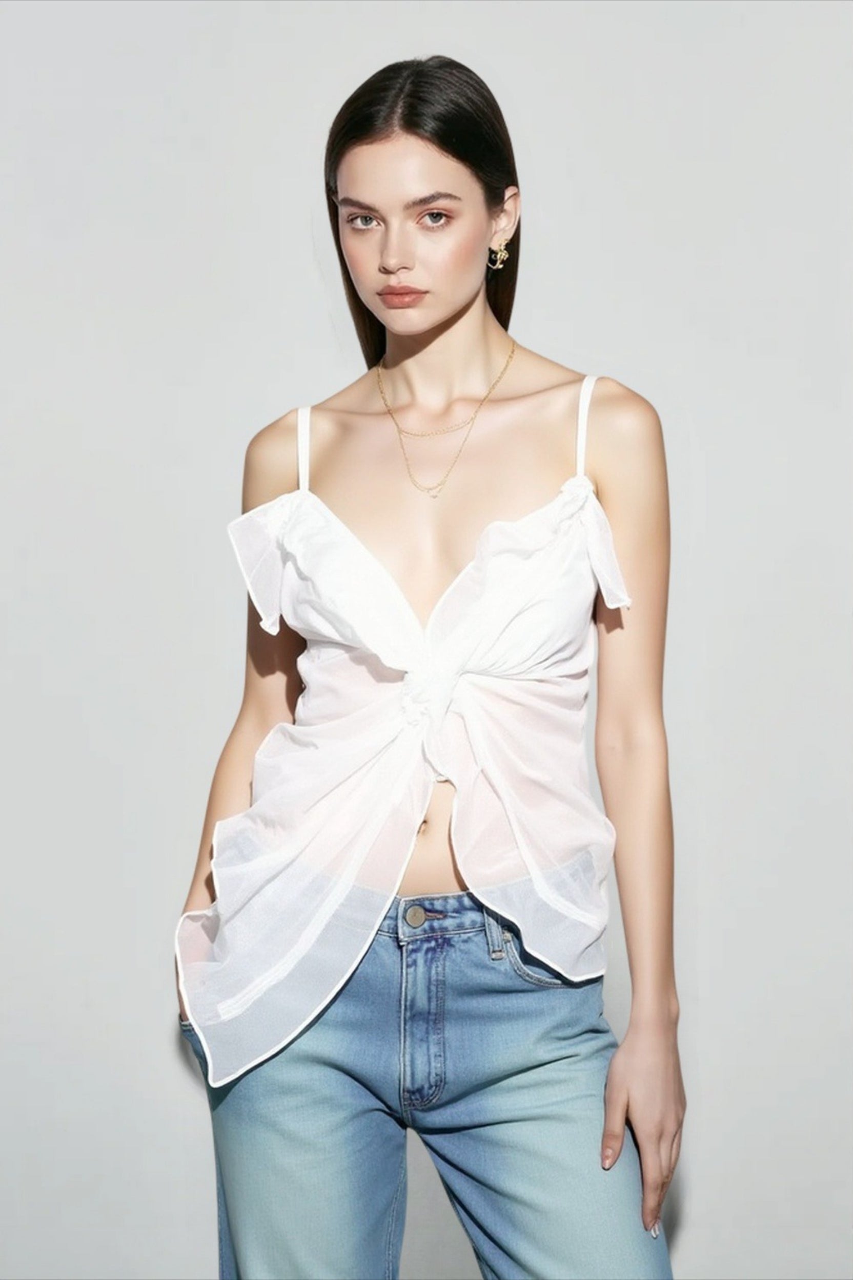 White Sheer V Neck Ruffle Cami Top Secondary image