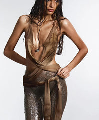 Cross-Spaghetti-Straps Bandage Ruffles Backless Cami Top