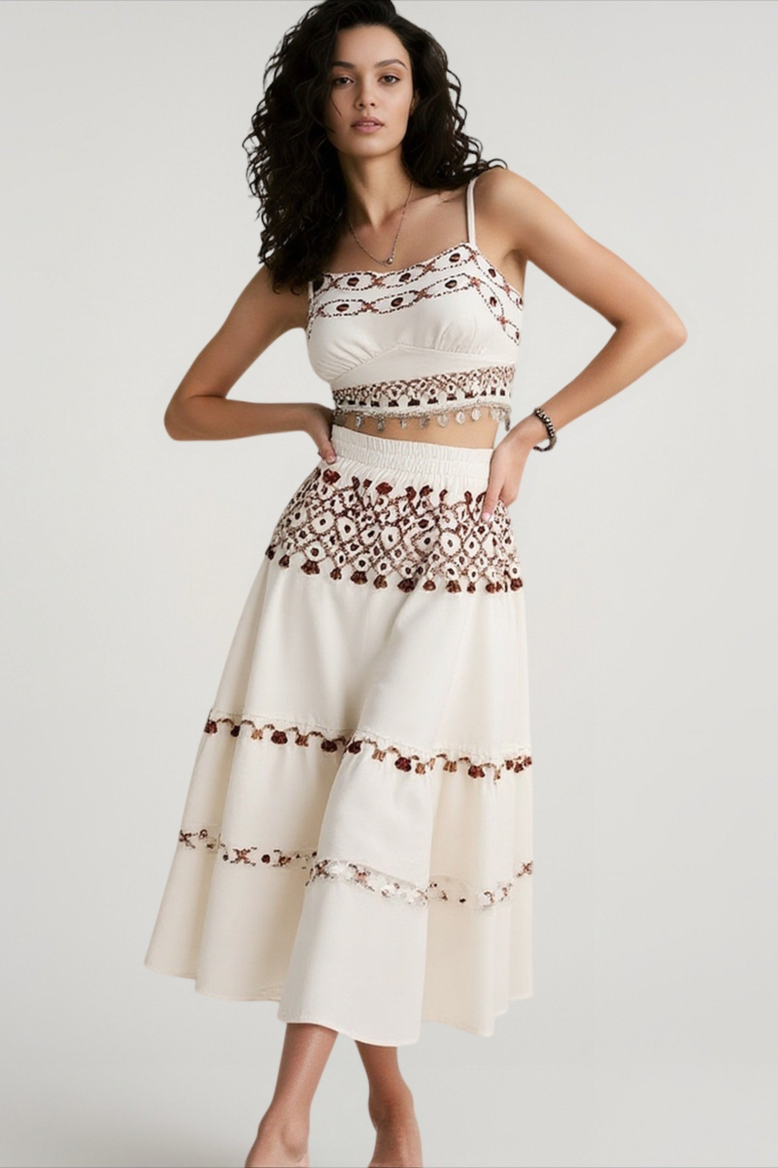 Bohemian vacation positioning printed beach women's suit, fringed webbing suspender top skirt two-piece set Secondary image