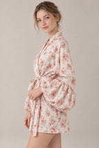 Satin Floral Print Puff Tie A Line Mini Dress