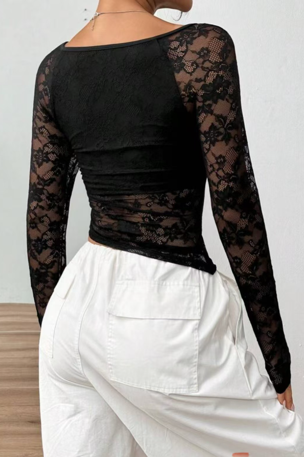Slim Fitted Sheer Solid Lace Mesh Short Crop Top Secondary image
