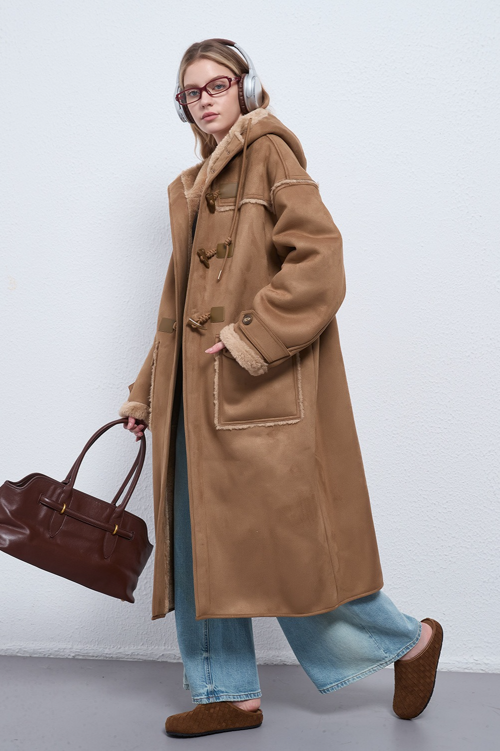 Hooded Suede Shearling Horn Button Long Thick Overcoat Main image