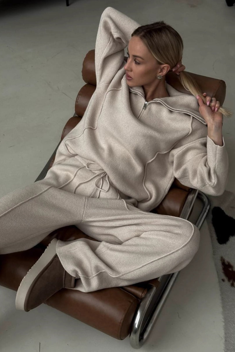 Turtleneck Half Zip Solid Casual Pants Two Piece Set Main image