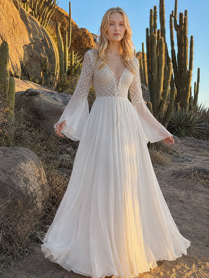 Lace Cutout Bell Sleeve Boho Dress Main image