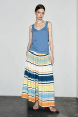 Print Pleated Silk Cotton Vacation Skirt