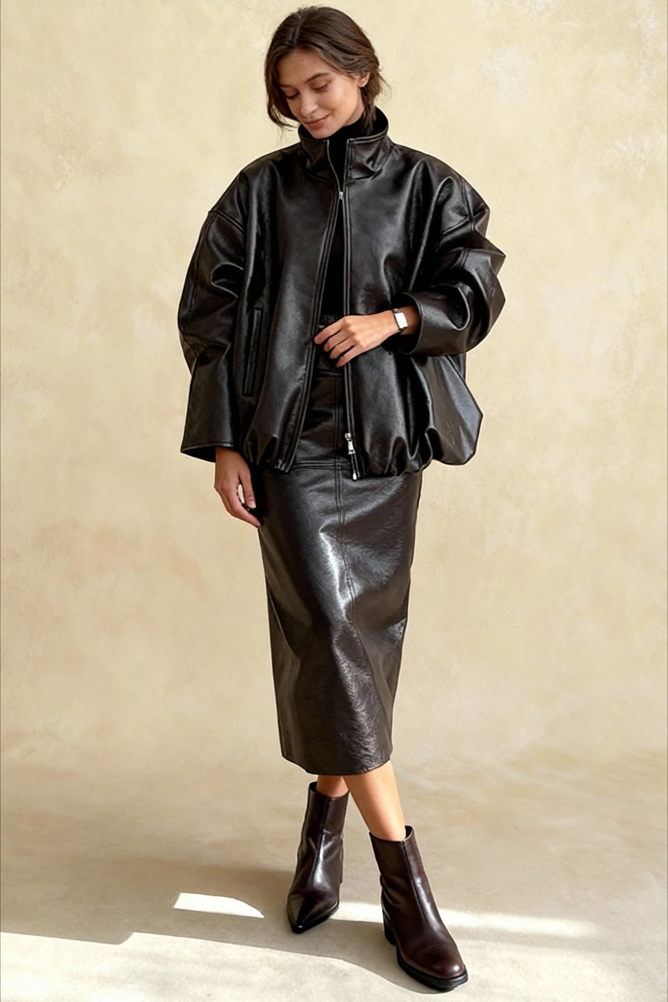 Chic Solid Patent Leather Stand Collar Jacket Skirt Two Piece Set Main image