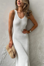 Solid Color Street Style Sleeveless Maxi Knit Elegant Summer Sweater Dress